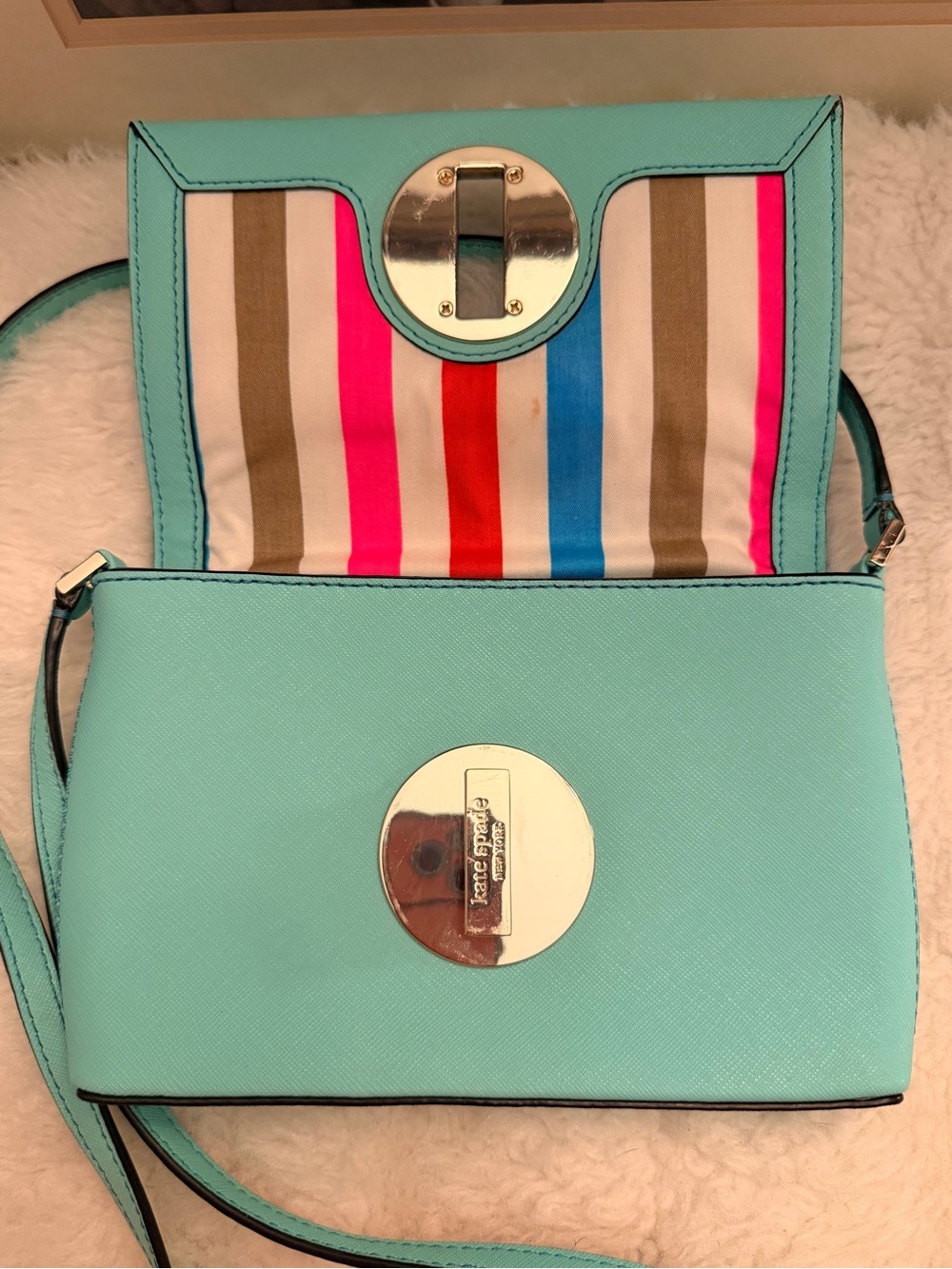 Kate Spade Mint Green Leather Crossbody Bag w/Multicolored Striped Interior GUC - Picture 7 of 16